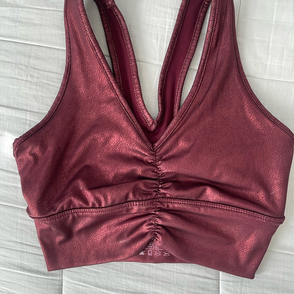 90 Degree By Reflex Pink and Red Sports Bra with Ruched V-Neck